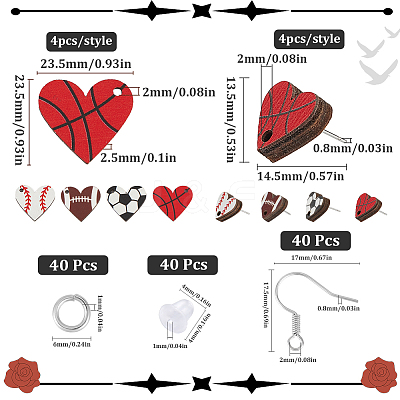 Sport Ball Theme Heart Wood Dangle Earrings DIY Making Kit DIY-SC0024-94-1