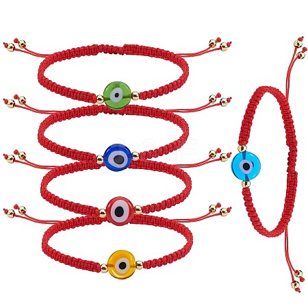 5Pcs 5 Colors Flat Round with Evil Eye Braided Bead Bracelets Set BJEW-SZ0002-18-1