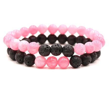 2Pcs 2 Styles Natural Rose Quartz & Lava Rock Round Beaded Stretch Bracelets for Couple FS-WGA2A2E-08-1