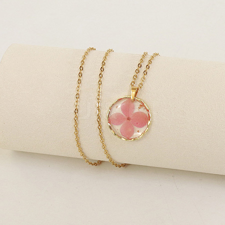 Alloy & Plastic Inner Flower Flat Round Pendant Necklaces FS-WG8915D-18-1