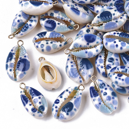 Printed Natural Cowrie Shell Pendants SSHEL-R047-02-E01-1