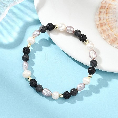 Natural Larvikite & Lava Rock Cultured Freshwater Pearl Beads Stretch Bracelets for Women BJEW-JB14084-1