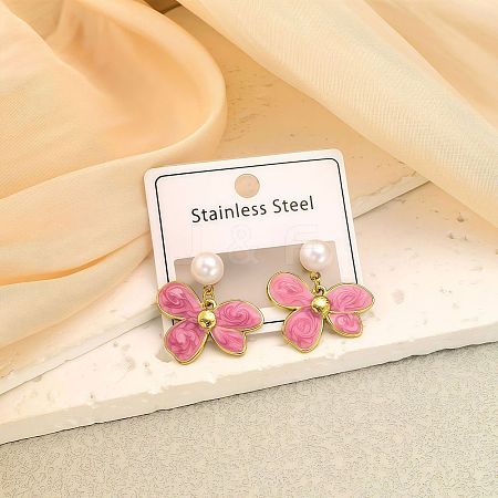 304 Stainless Steel Enamel Four Petal Flower Dangle Earrings WG22E93-01-1