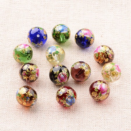 Flower Picture Printed Glass Round Beads GLAA-J087-12mm-A-1