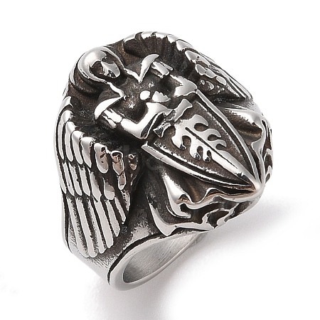 Viking 304 Stainless Steel Angel Cross Sword Wide Finger Rings for Mens RJEW-U005-03AS-1