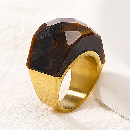 Fashionable 304 Stainless Steel & Natural Tiger Eye Finger Rings FS-WG90577-29-1