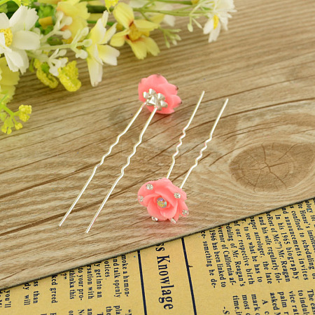 Lady's Hair Accessories Silver Color Plated Iron Resin Flower Hair Forks PHAR-S199-04-1