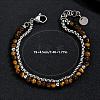 Natural Tiger Eye Round Beaded 2-Strand Bracelets with 201 Stainless Steel Box Chains for Men Women EI8345-1-2