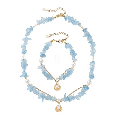 Natural Aquamarine Chips Beads Necklaces & Bracelets Sets for Women SJEW-JS01372-01-1