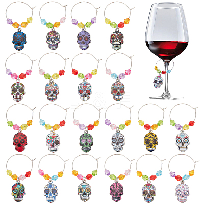 Alloy Enamel Sugar Skull Wine Glass Charms AJEW-PH01534-1