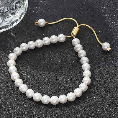 Shell Pearl Beaded Slider Bracelet with Brass Snake Chain BJEW-B066-01B-01-1