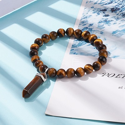Natural Tiger Eye Round Beaded Stretch Bracelet with Bullet Shape Charm BJEW-JB08310-02-1