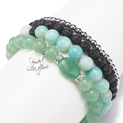 4Pcs 4 Style Natural Green Aventurine & Lava Rock & Synthetic Hematite Stretch Bracelets Set BJEW-JB08481-1