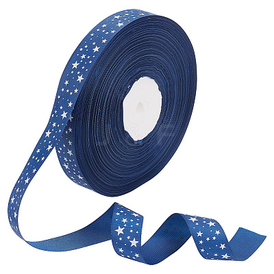 100 Yards Star Print Polyester Grosgrain Ribbon OCOR-WH0088-76-1