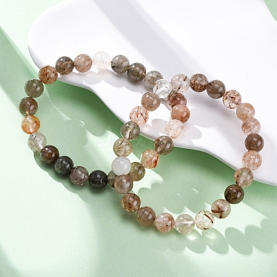 Natural Rutilated Quartz Round Beaded Stretch Bracelets for Men Women BJEW-G743-01E-1