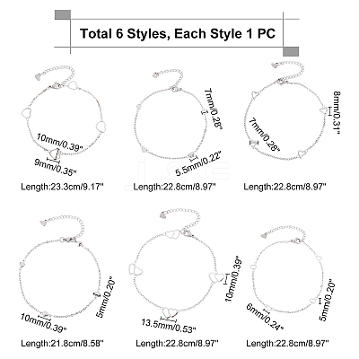 6Pcs 6 Styles 304 Stainless Steel Cable Chain Anklets AJEW-UN0001-12-1