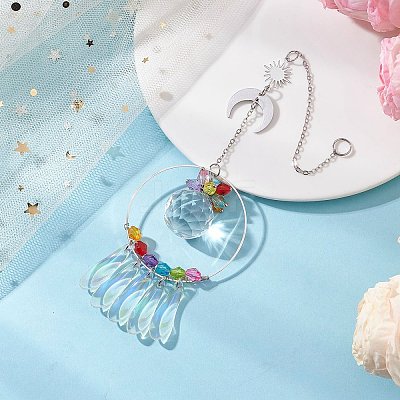 Round Glass & Acrylic & 201 Stainless Steel Sun Moon Hanging Suncatchers HJEW-JM04657-1