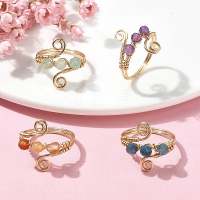 4Pcs 4 Style Natural Mixed Gemstone Round Beaded Finger Rings RJEW-TA00105-1