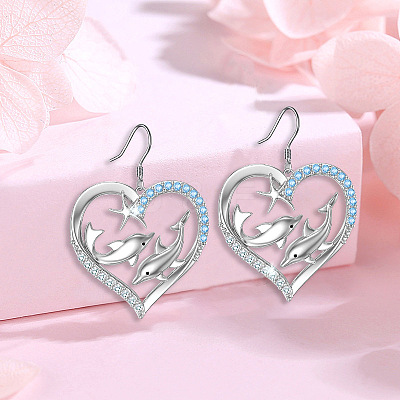 Heart with Dolphin Alloy Rhinestone Pendant Necklaces & Dangle Earrings Sets for Women FS-WGEAD9B-01-1