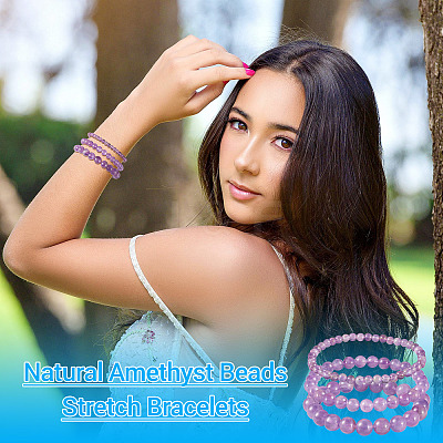 3Pcs Natural Amethyst Beads Stretch Bracelets for Women BJEW-TAC0033-1
