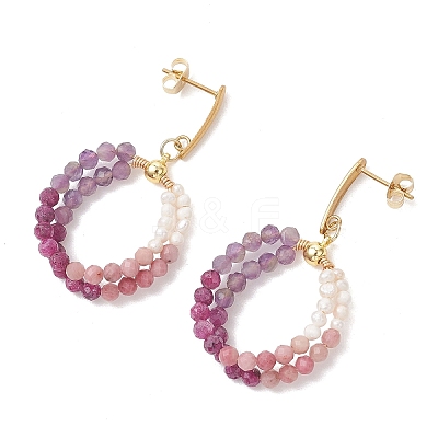 Natural Amethyst & Natural Rhodonite & Natural Ruby Faceted Round & Natural Cultured Freshwater Pearl Bead & 304 Stainless Steel Stud Dangle Earrings EJEW-JE07229-02-1