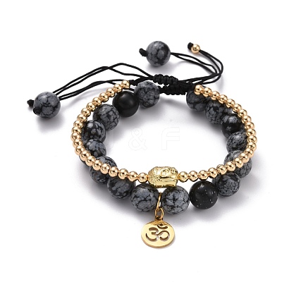 Round Natural Snowflake Obsidian Braided Beded Bracelets Set BJEW-JB07096-1