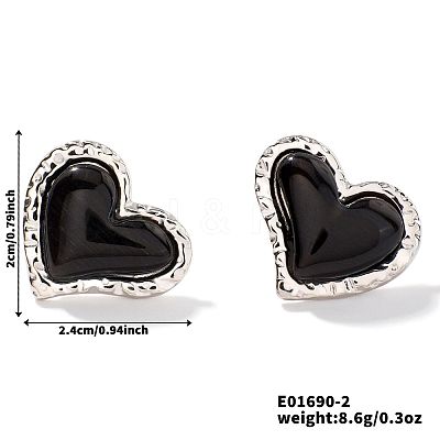 304 Stainless Steel Natural Stone Cat Eye Heart-shaped Stud Earrings GI3370-1-1