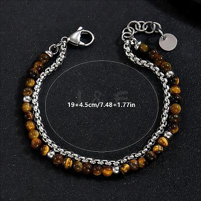 Natural Tiger Eye Round Beaded 2-Strand Bracelets with 201 Stainless Steel Box Chains for Men Women EI8345-1-1