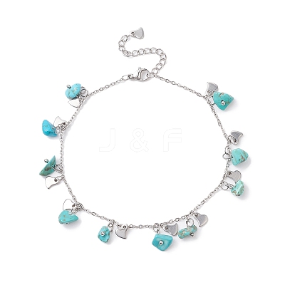 Synthetic Turquoise Chips & Heart Charms Anklet AJEW-AN00512-01-1