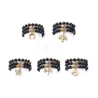 15Pcs 5 Set Natural Black Onyx & Synthetic Hematite Beaded Stretch Rings Set RJEW-JR00521-1