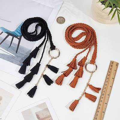 2Pcs 2 Colors Bohemian Imitation Leather Tassel with Alloy Ring Waist Chain Belts for Women AJEW-CL0005-22B-1
