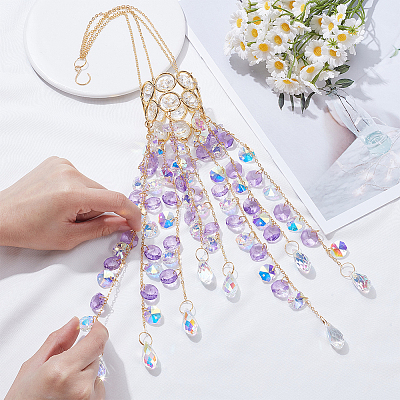Glass with Iron Hanging Suncatchers AJEW-SP0005-02-1