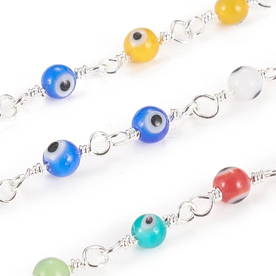 3.28 Feet Handmade Evil Eye Lampwork Round Beaded Chains X-CHC-G009-A-S04-1