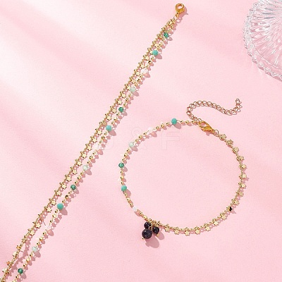 2Pcs 2 Styles Brass Star Tassel Handmade Glass Link Chain Anklet Sets AJEW-AN00761-1