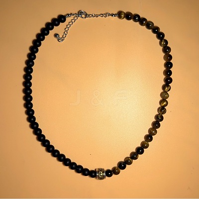 Vintage Frosted 8MM Natural Black Onyx(Dyed & Heated) and Tiger Eye Round Beaded Necklaces with Alloy Column for Men DB2700-1