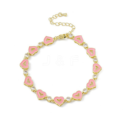 Pink Enamel Heart & Cubic Zirconia Link Chain Bracelet BJEW-P288-14G-1