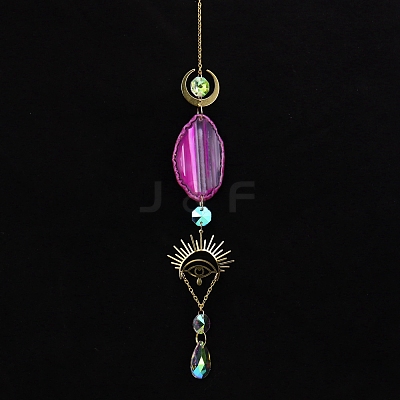Natural Agate Piece & Metal Evil Eye Moon Hanging Ornaments PW-WG66301-02-1