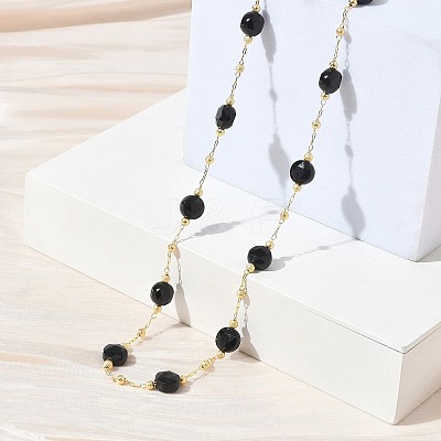 Natural Black Onyx(Dyed & Heated) Faceted Flat Round Beaded Chain Necklaces with Matte Brass Beads GG-CBA37F5-01G-11-1