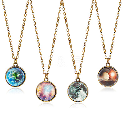 4Pcs 4 Style Luminous Glass Round Planet Pendant Necklaces Set NJEW-FI0001-02-1