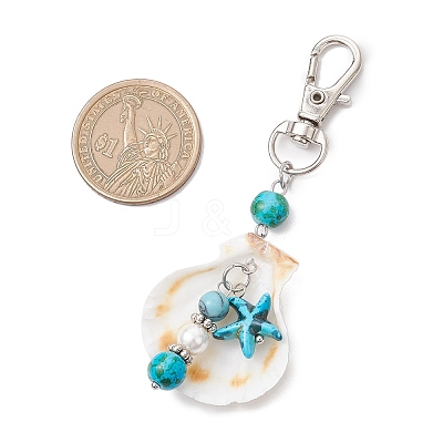 Natural Scallop Shell & Synthetic Turquoise Starfish Pendant Decorations HJEW-JM03641-01-1