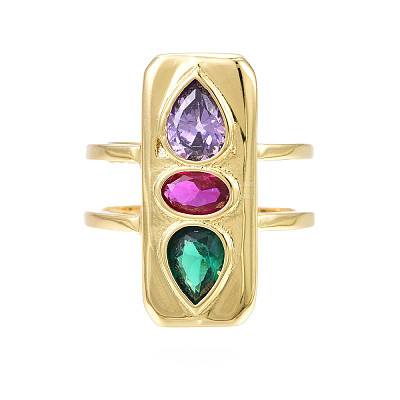 Cubic Zirconia Rectangle Open Cuff Ring RJEW-N037-015-03LG-1