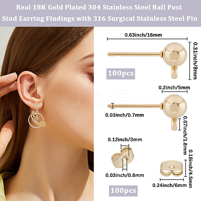 100Pcs 304 Stainless Steel Ball Post Stud Earring Findings STAS-BBC0008-46-1