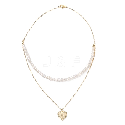 Natural Cultured Freshwater Pearl Potato Beaded Brass Heart with Letter Pendant Double Layer Necklaces NJEW-JN05392-03-1