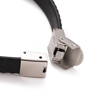 201 Stainless Steel Rectangle Link Bracelet with PU Leather Cord for Men Women BJEW-G649-07P-03-1