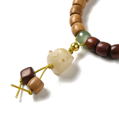 Two Tone Sandalwood Beaded Stretch Bracelet with Resin Cat Charm for Women BJEW-B080-14-1