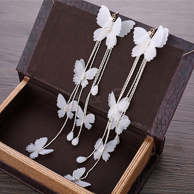Alloy Cloth Butterfly Tassel Clip-on Earrings FS-WG42BDC-01-1