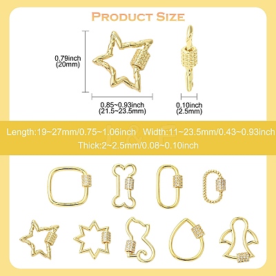 9Pcs 9 Styles Brass Micro Pave Clear Cubic Zirconia Screw Carabiner Lock Charms KK-CJ0004-25-1