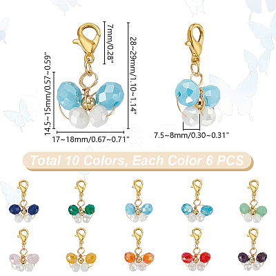 6 Sets Butterfly Copper Wire Wrapped Glass Pendant Decorations HJEW-GA0001-52-1