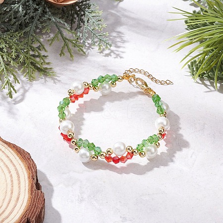 Christmas Glass & Baking Paint Pearlized Glass Pearl Round Beaded Bracelets for Women BJEW-JB12441-02-1