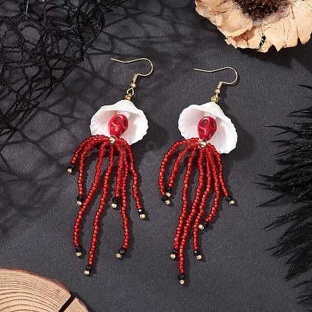 304 Stainless Steel Dyed Synthetic Turquoise & Natural Black Onyx & Glass Seed Beaded Dangle Earrings EJEW-MZ00530-01-1
